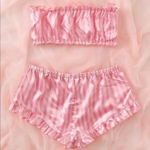 SATIN STRIPED FRILL TRIM TUBE TOP & SHORTS PJ SET SIZE SMALL